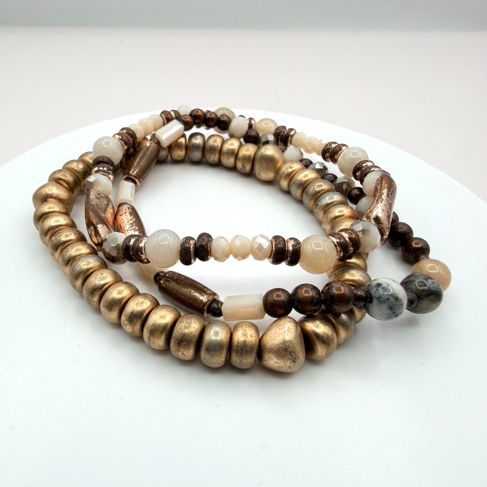 Vintage Gold Tone Beaded Stretch Bracelet Set - Chunky Boho Stack